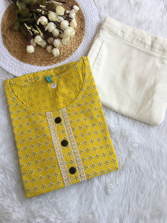 Yellow Lace work Knee Length Kurti with Plain White Pant - 3871