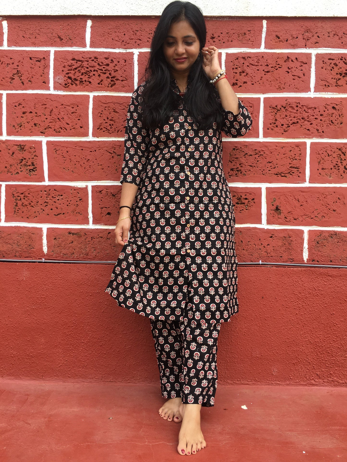 Knee Length- Ajrakh Sunflower Black - Cord Sets - Pure Cotton