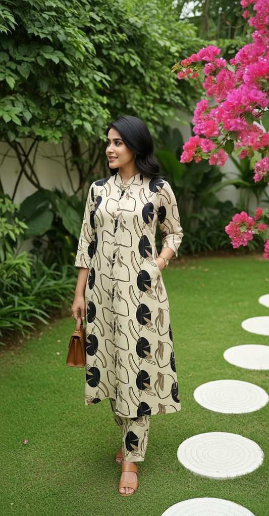 Knee Length - Off White Black Flower - Cord Sets - Soft Rayon