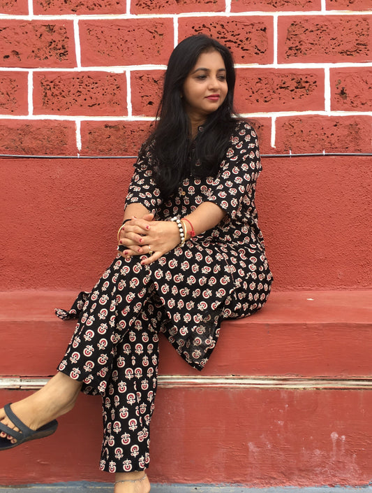 Knee Length- Ajrakh Sunflower Black - Cord Sets - Pure Cotton