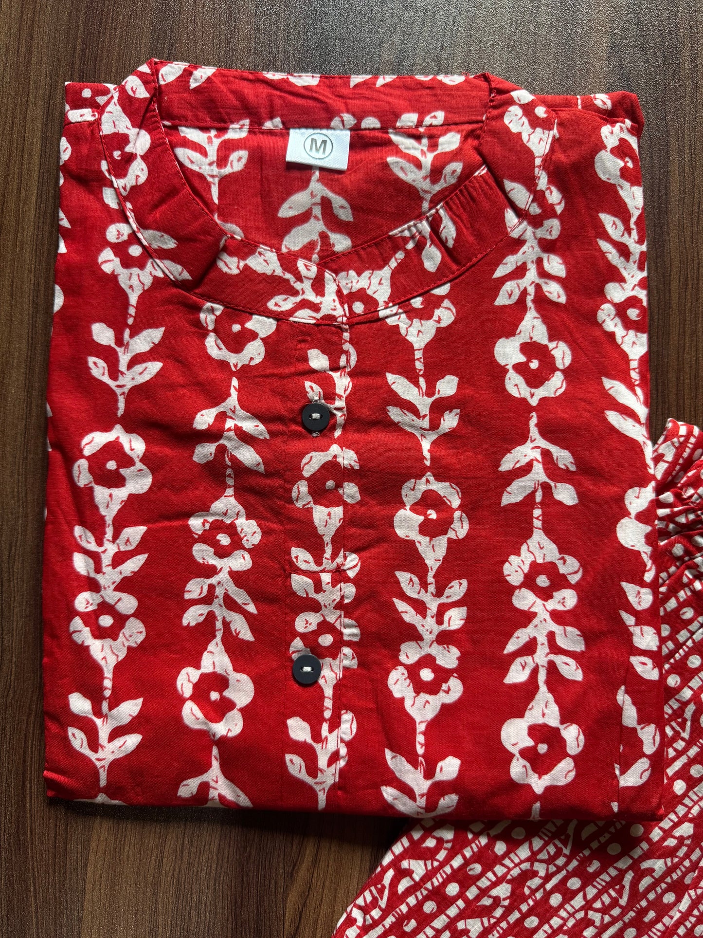 Knee Length - Red Cream Flower - Cord Sets - Pure Cotton