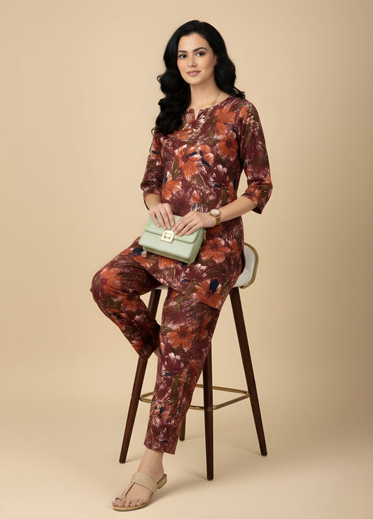 Floral Wine - Cord Set - Soft Rayon