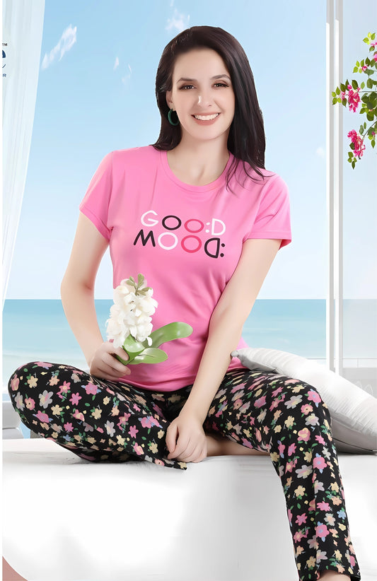 Hosiery Cotton Night Suit - Pink Good Mood