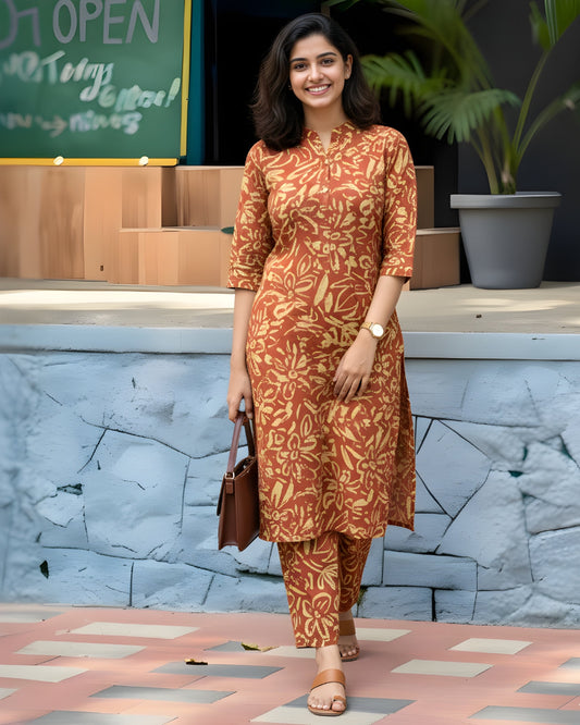 Knee Length - Orange Sketch Flower - Cord Sets - Soft Rayon