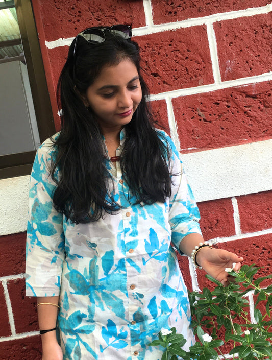 Knee Length - Blue White Petals  - Cord Sets - Pure Cotton