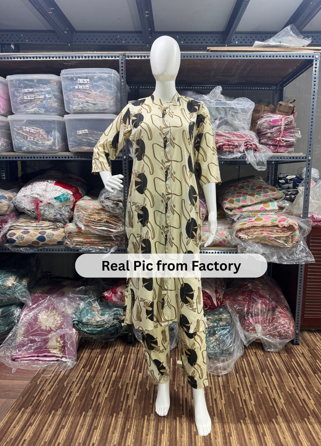 Knee Length - Off White Black Flower - Cord Sets - Soft Rayon