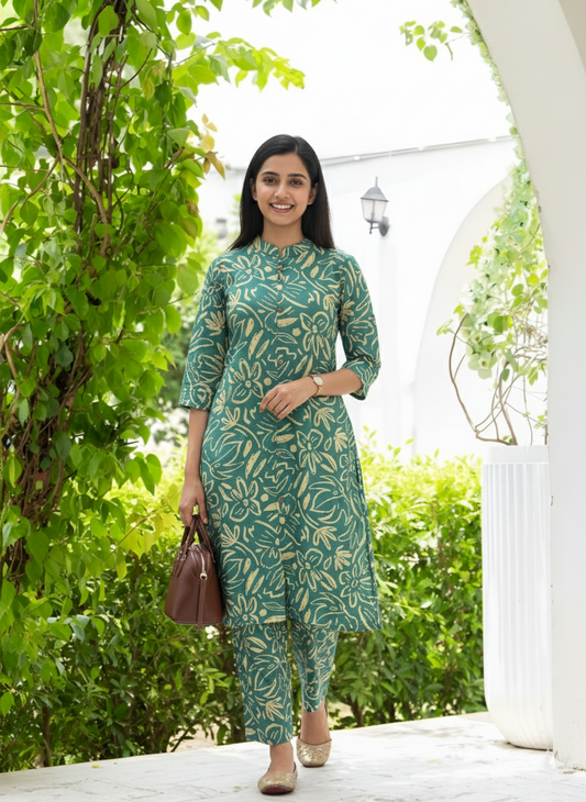 Knee Length - Sea Blue Flower Sketch - Cord Sets - Soft Rayon