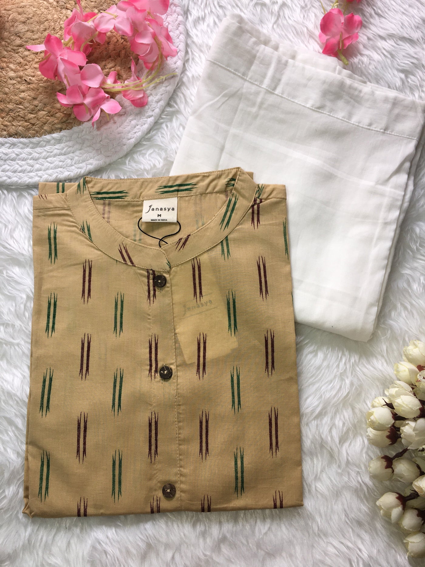 Beige Cotton Ikat Straight Kurta with White Pant