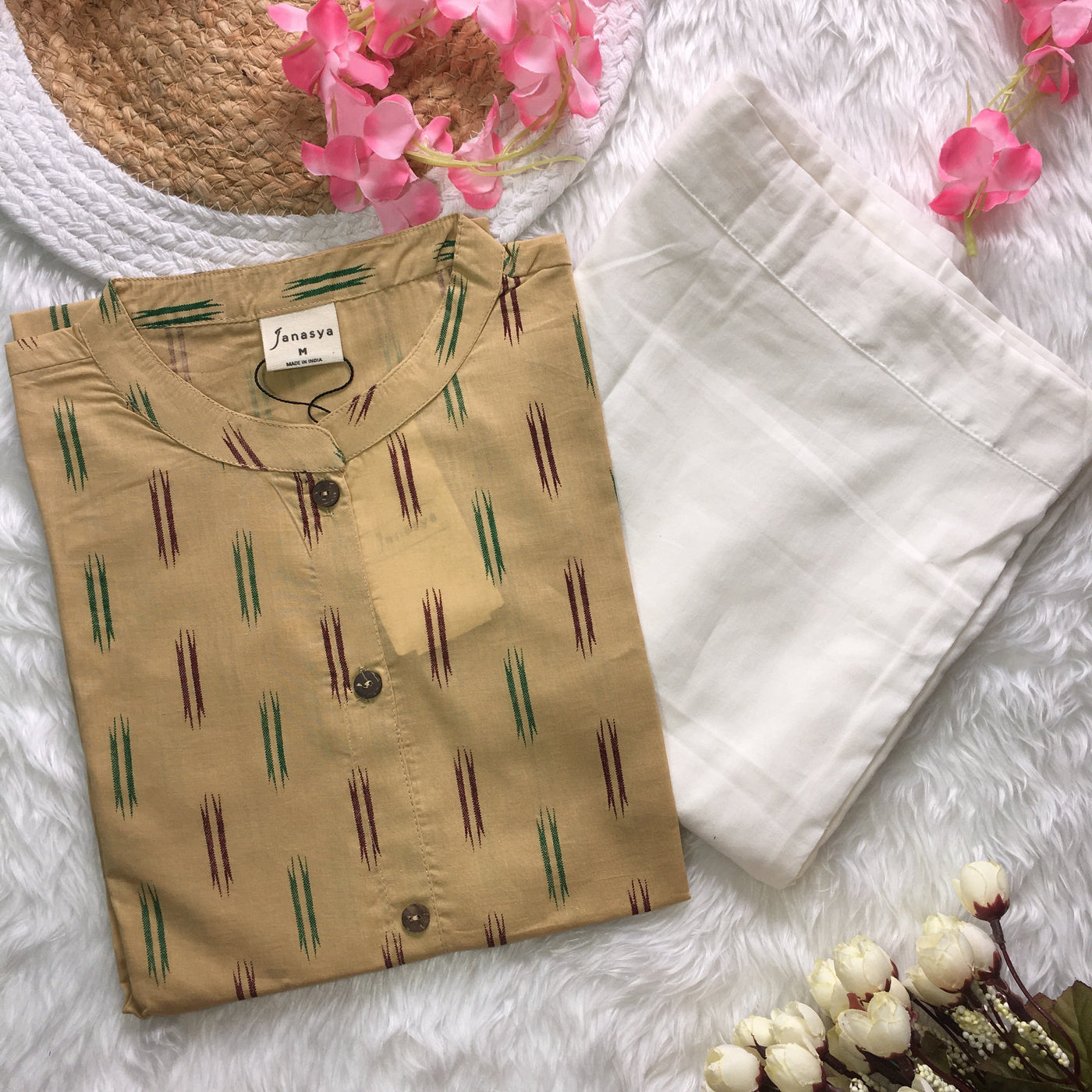 Beige Cotton Ikat Straight Kurta with White Pant