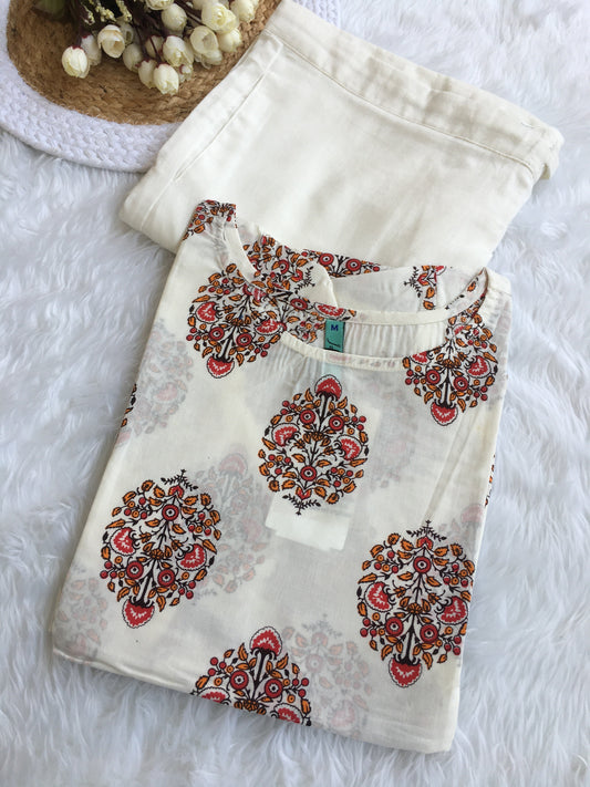 White Cotton Floral Print Straight Kurta with White Pant