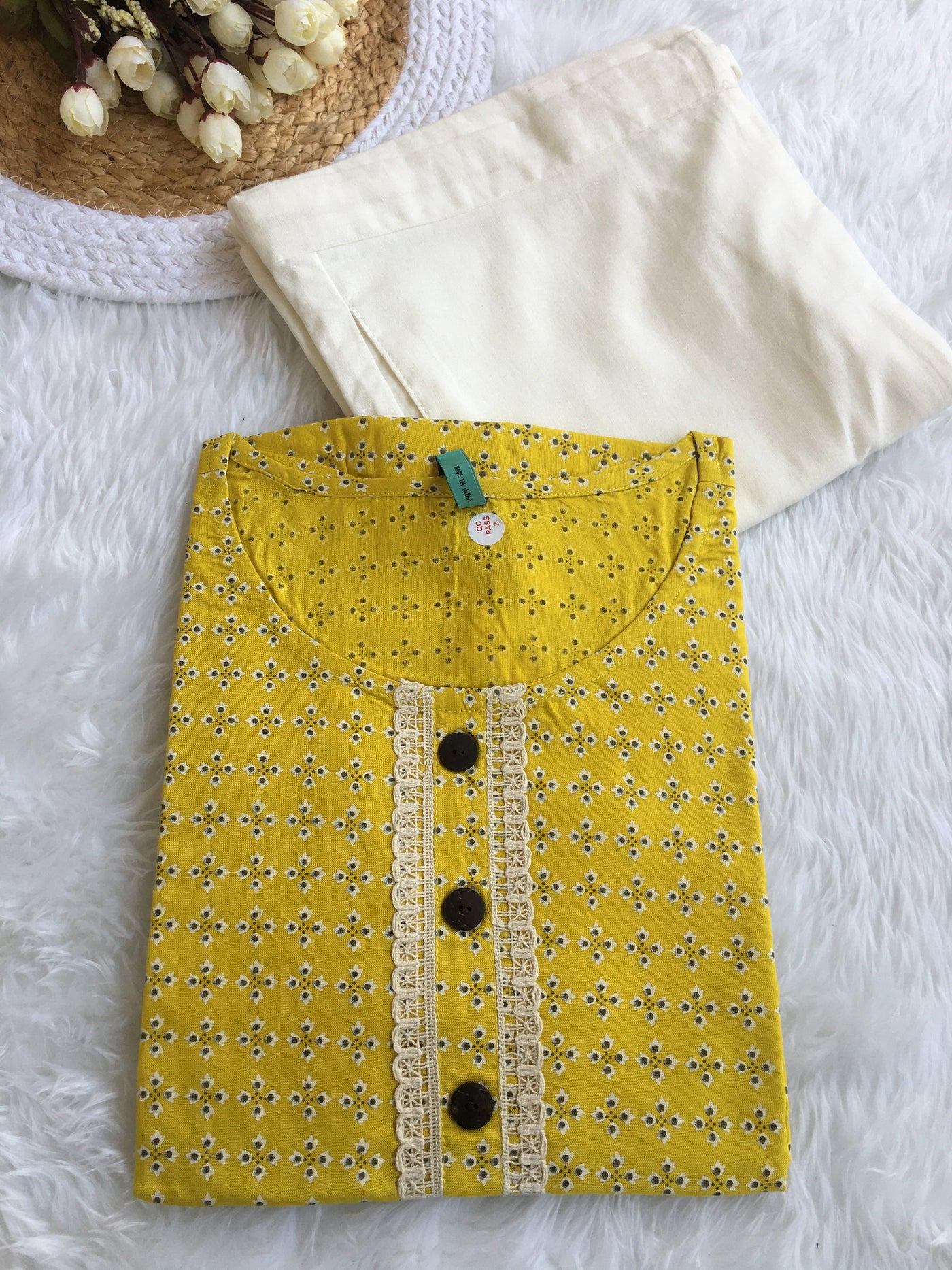 Yellow Lace work Knee Length Kurti with Plain White Pant  - 3871