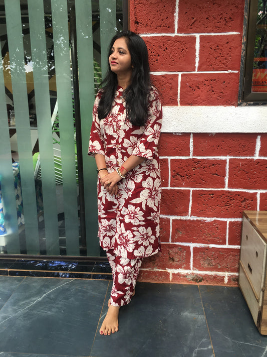 Knee Length- Hibiscus Maroon - Cord Sets - Pure Cotton