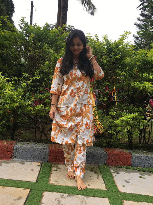 Knee Length - Yellow White Petals  - Cord Sets - Pure Cotton