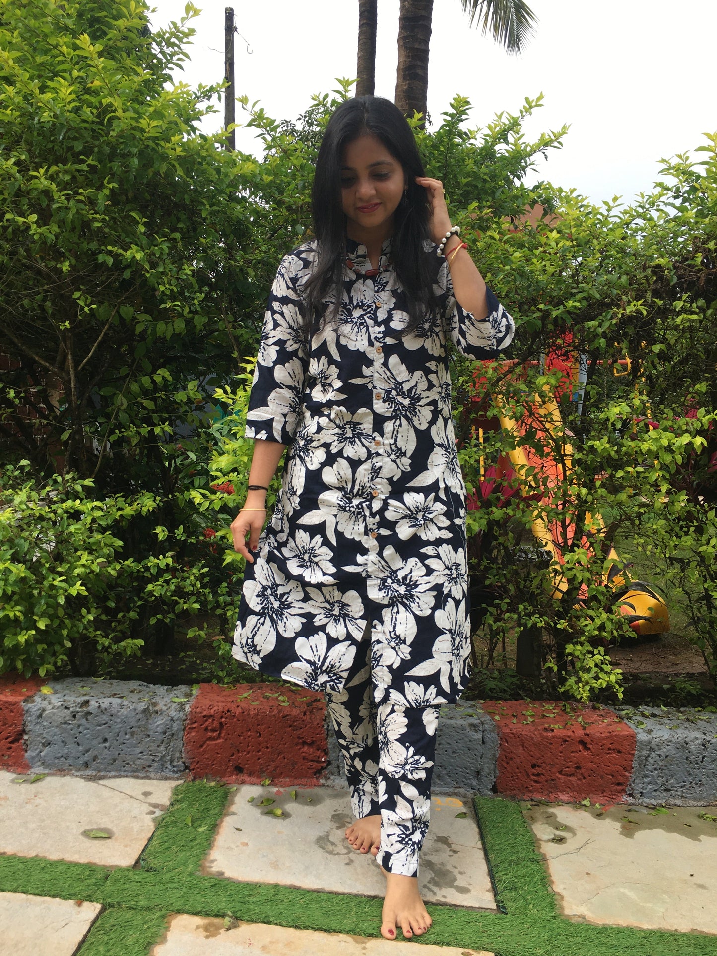 Cord Sets - Hibiscus Navy Blue - Knee Length - Pure Cotton