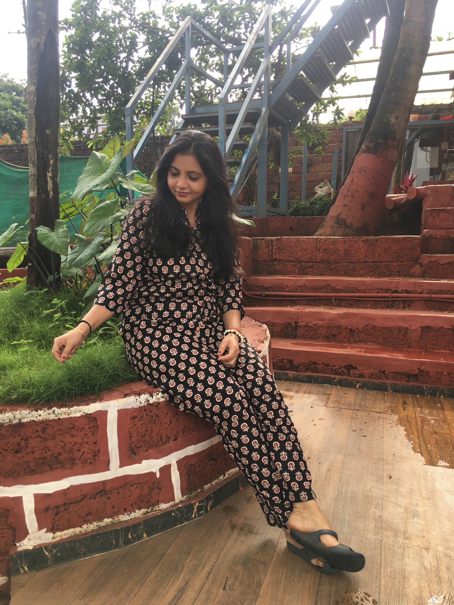 Knee Length- Ajrakh Sunflower Black - Cord Sets - Pure Cotton