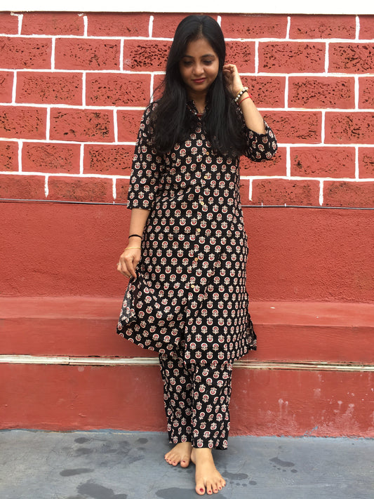 Knee Length- Ajrakh Sunflower Black - Cord Sets - Pure Cotton