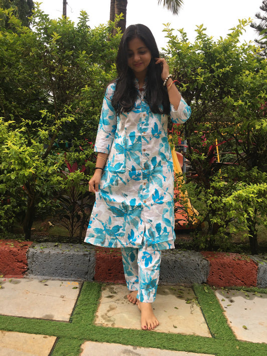 Knee Length - Blue White Petals  - Cord Sets - Pure Cotton