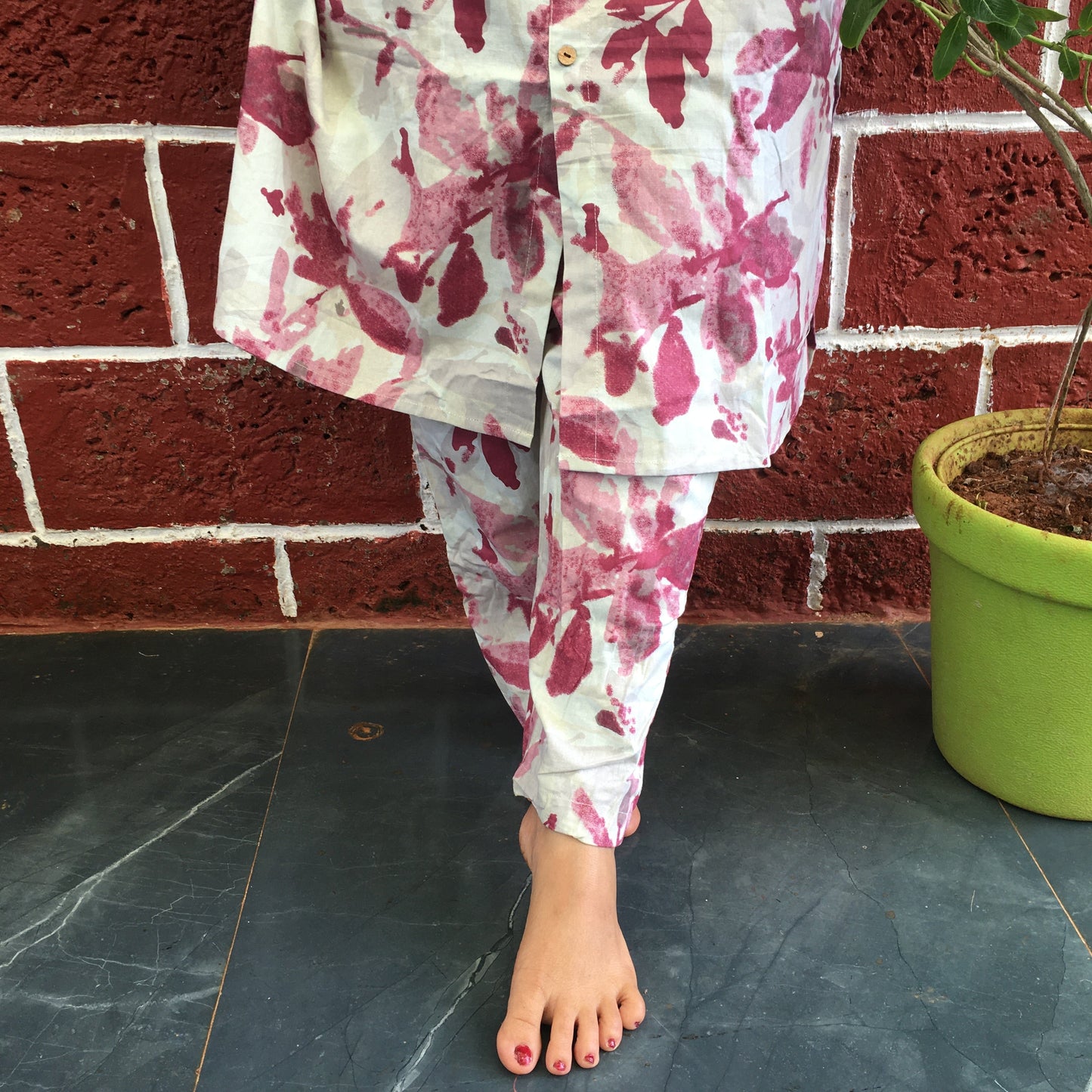 Knee Length - Purple White Petals  - Cord Sets - Pure Cotton