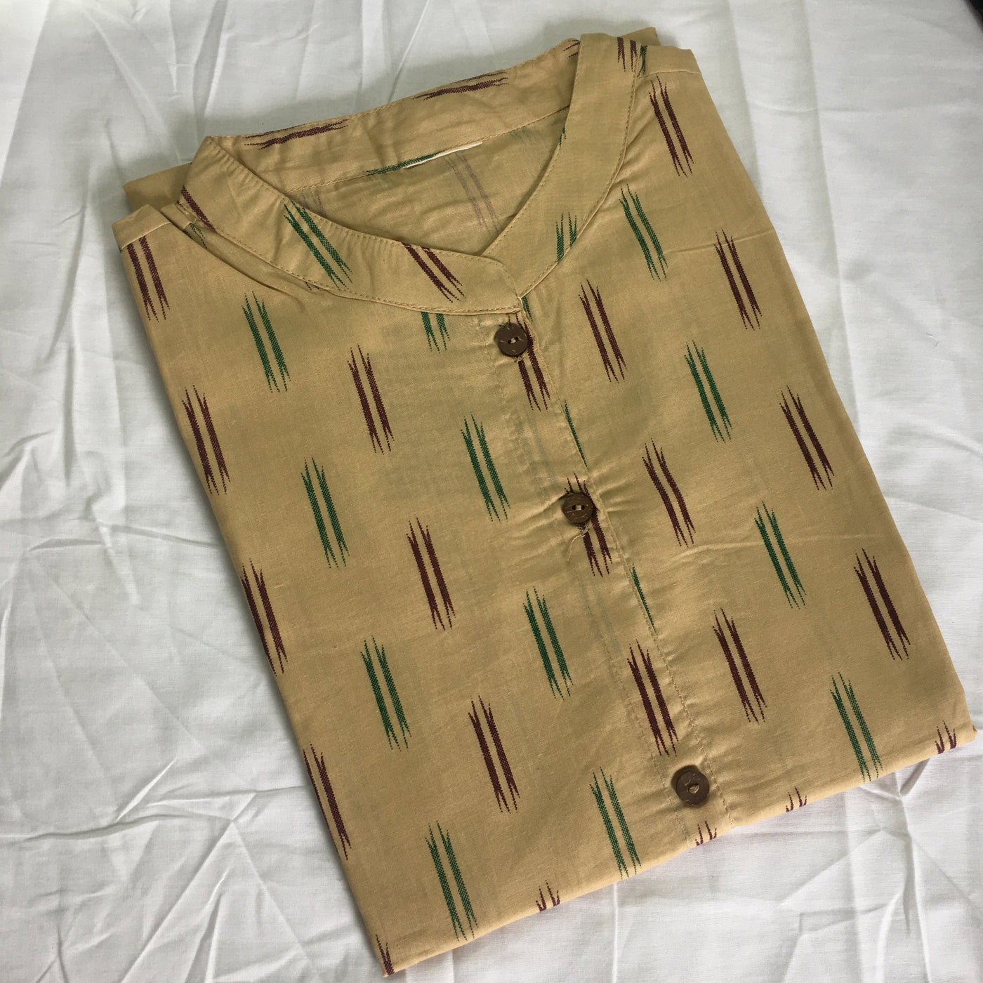 Beige Cotton Ikat Straight Kurta with White Pant