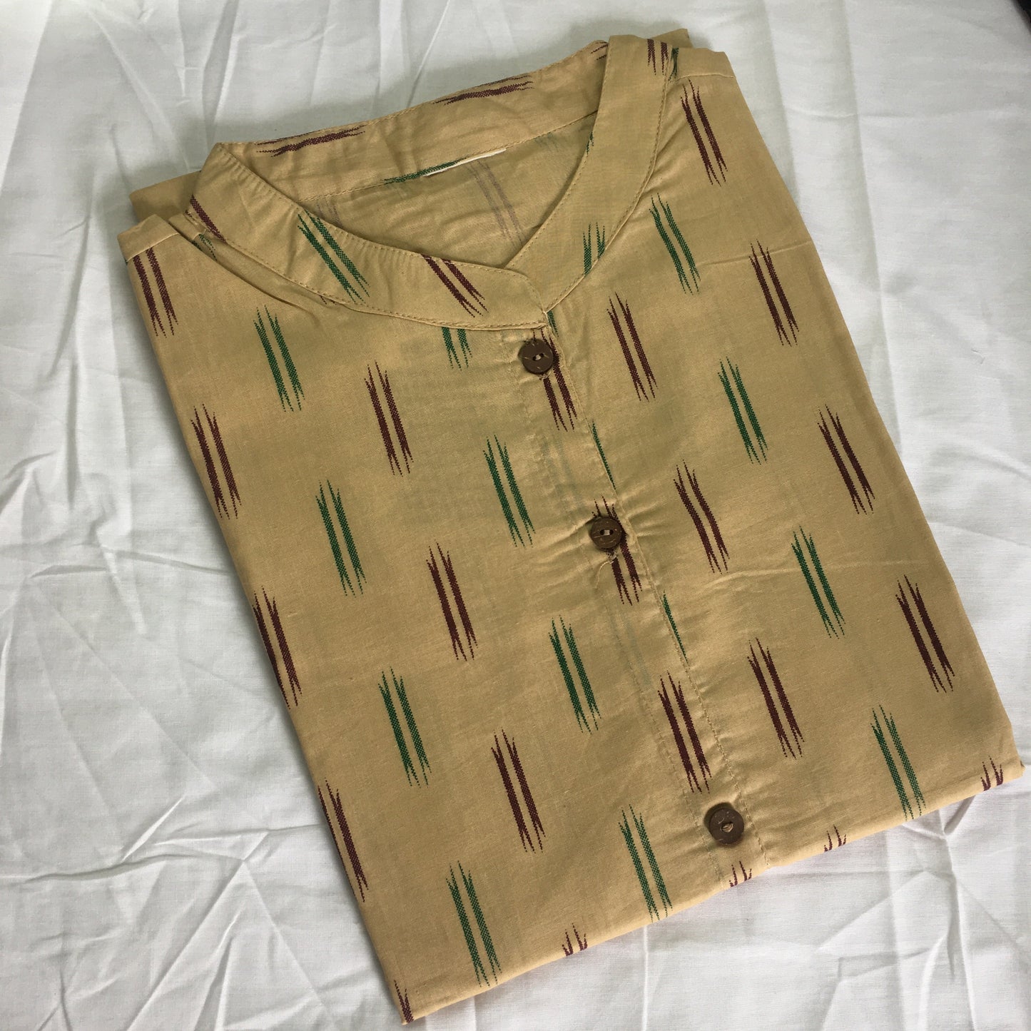 Beige Cotton Ikat Straight Kurta with White Pant