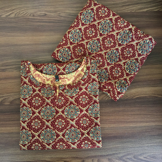 Ajrakh Maroon Grey Flower - Cord Set - Pure Cotton