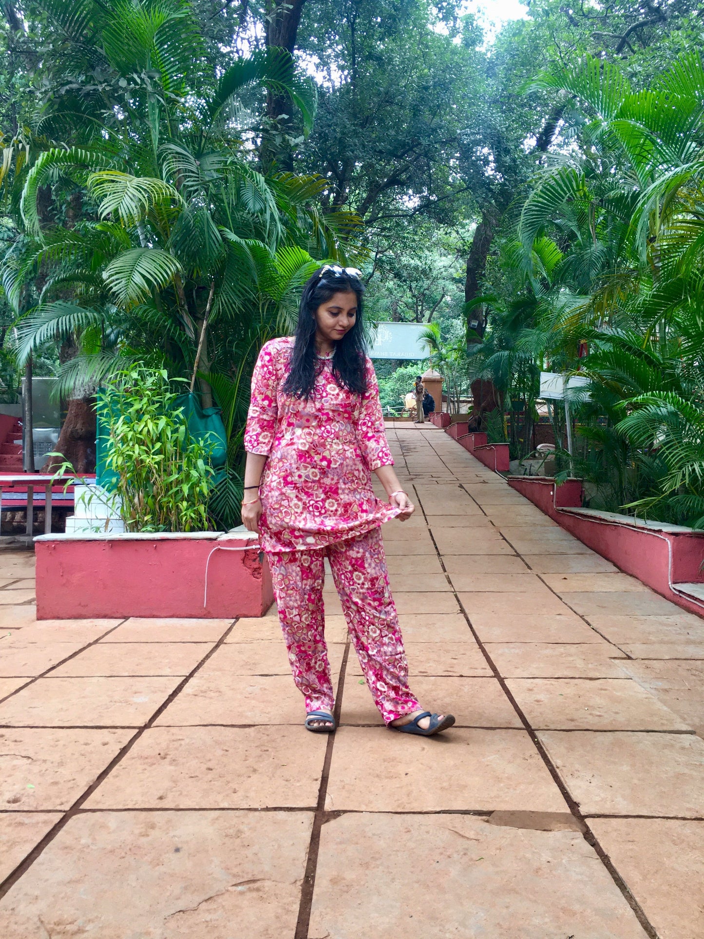 Cord Set - Red Pink Flower - Soft Rayon