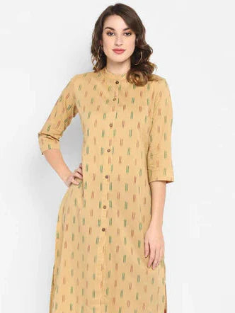 Beige Cotton Ikat Straight Kurta with White Pant