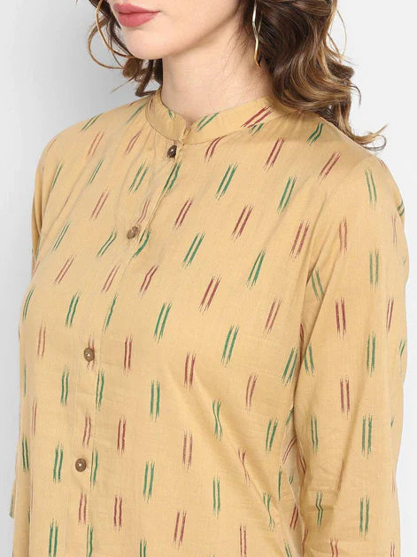 Beige Cotton Ikat Straight Kurta with White Pant