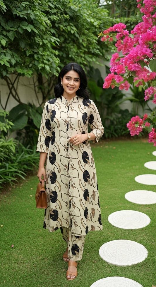 Knee Length - Off White Black Flower - Cord Sets - Soft Rayon